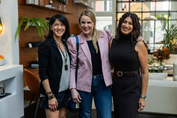 Felicia Hwang, Business of Home’s Caroline Biggs and designer Tina Ramchandani celebrating Hwang Bishop’s new Bloom lighting collection