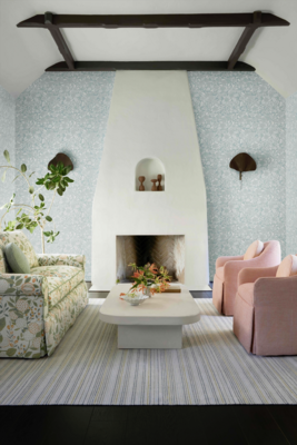 Al Fresco wallcovering and sofa, Whippersnapper circular pillow, Bambino chair, Allora rug