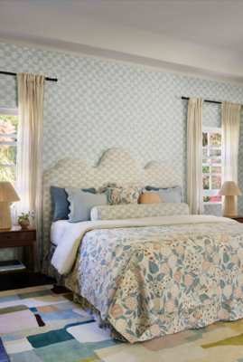 Tinta wallcovering and headboard, 
Aria, Bambino, Al Fresco, Farfalla and Tinta pillows