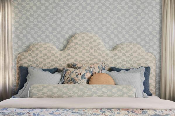 Tinta wallcovering and headboard, Aria, Bambino, Al Fresco, Farfalla and Tinta pillows