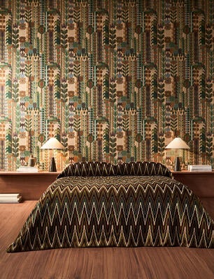 Kuparr wallpaper in Evergreen/Terracotta, Elota in Burgundy/Moss