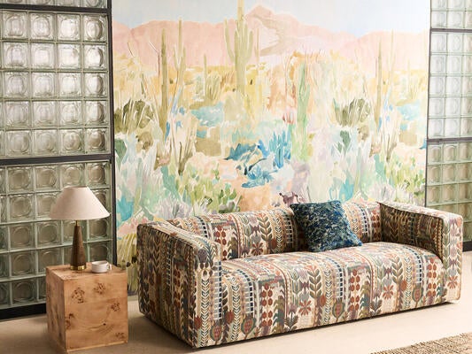 Saltillo wallpaper in Grounded/Succulent/Haze, Kuparr in Terracotta/Azul, Derain in Adriatic/Ink