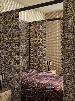 Toluca wallpaper in Stone/Nectar, 
Kantha in Indigo/Maroon, Elota in Indigo/Maroon