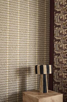 Toluca wallpaper in Stone/Nectar, Kantha in Indigo/Maroon