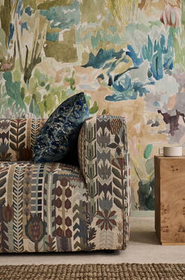 Saltillo wallpaper in Grounded/Succulent/Haze, Kuparr in Terracotta/Azul, Derain in Adriatic/Ink