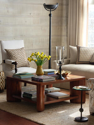 The Marcel coffee table has a midcentury solidity that anchors any seating group