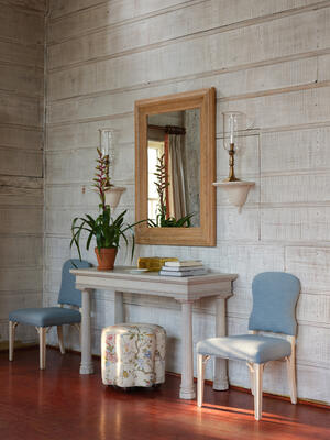 The new Alexander console is paired here with the new perused-oak Cordoba mirror 