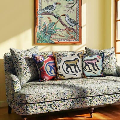Meandering Monkey cotton pillows and Leopard Lights linen fabric in Savannah

