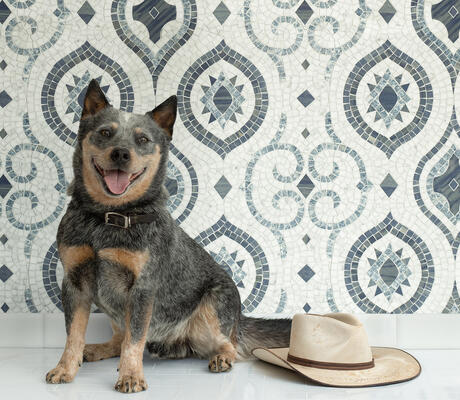 Cameo, a hand-cut stone mosaic, is part of the Saguaro collection by New Ravenna