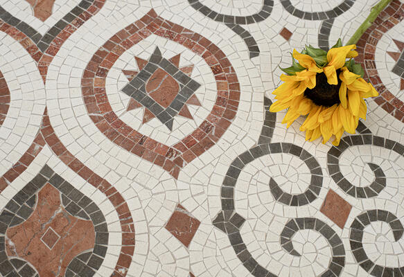 Cameo, a hand-cut stone mosaic, is part of the Saguaro collection by New Ravenna