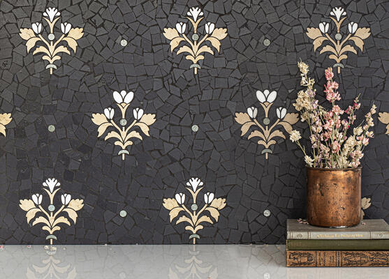 Fleurline, a hand-cut and water-jet stone mosaic, is part of the Saguaro collection by New Ravenna