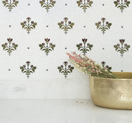 Fleurline, a hand-cut and water-jet stone mosaic, is part of the Saguaro collection by New Ravenna