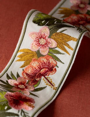 Botanical Pavillion embroidered border in Hibiscus Bloom