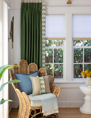 Tropic embroidered border in Jungle Green and Sunlit Citrus, Palm embroidered border