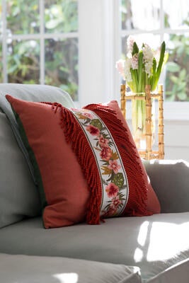 Westport bullion fringe in Red Coral and Botanical Pavillion embroidered border in Hibiscus Bloom