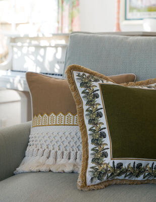 Verdant Palm border in Rainforest Green, Tropic embroidered border in Sunlit Citrus
