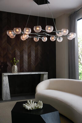 Mahowald fixed chandelier, Antonine console, Turner sofa, Flora centerpiece, Ridley vase