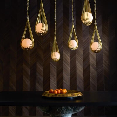 Ova multi-drop chandelier, Forgey dining table, Everett centerpiece