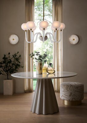 Tebaldi chandelier, Moers flush mount, Rinny dining table, Monet vase, Avalon ottoman