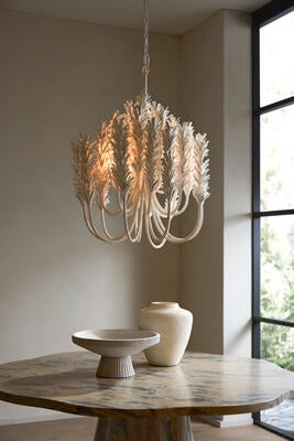 Primrose dining table, Kaia small chandelier, Valour centerpiece