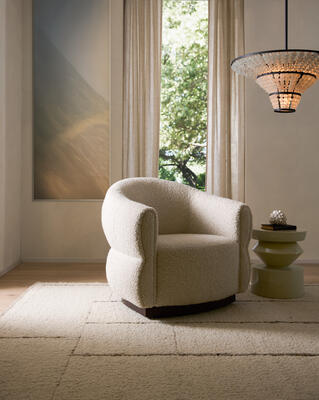 Alexandra swivel chair, Uma accent table, Lulu beaded chandelier