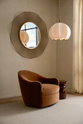 Delfino chair, Olympia large mirror, Uma accent table, Lunaria pendant
