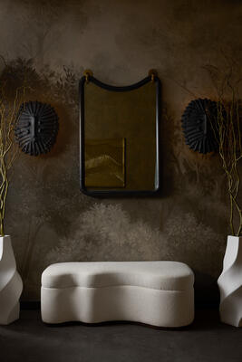 Neushoorn wall sconces, Shoal bench, Paloma mirror, Scylla vases by Barry Dixon