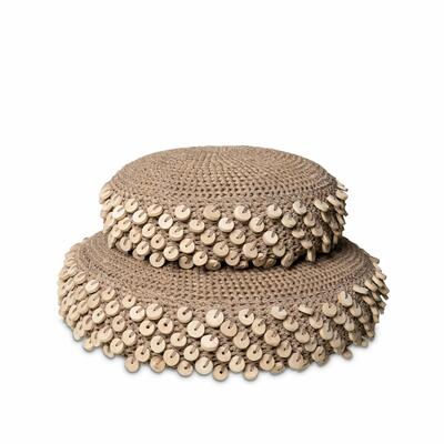 Chobe crocheted-leather pebble ottoman set with wood discs