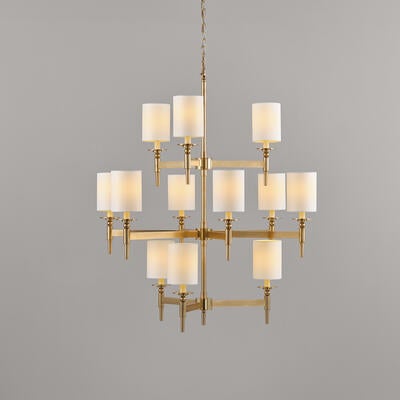 Stratton chandelier: available with opaline glass shades or candle tubes for optional fabric lampshades