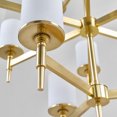 Stratton chandelier: Vaughan’s classic unlacquered antique brass finish ages beautifully