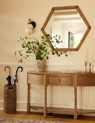 The Ribchester sconce, Hornby mantel mirror and Kirkham console table