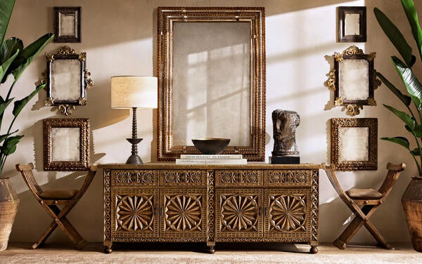 Valencia sideboard in Cognac, shown with the Alhambra mirror