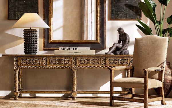 Valencia console in Cognac, shown with the Italian Ratchet chair