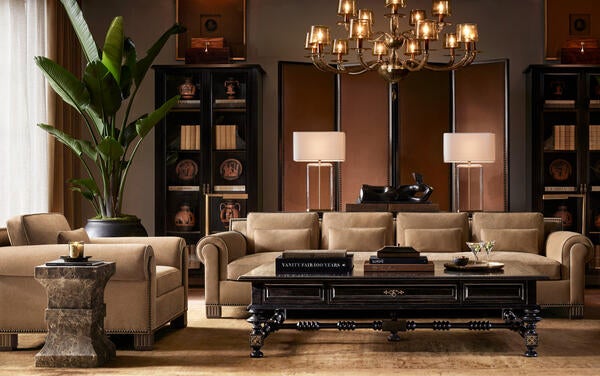 Vendôme sofa in Tan Italian Varenna suede, shown with the Paloma coffee table