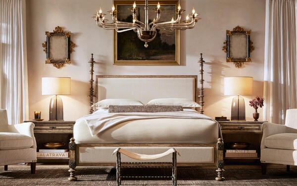 Paloma two-poster bed in Taupe, shown with the Paloma nightstand