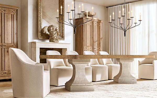 Diamond dining table in cast stone and European white oak, shown with Sabine dining chairs