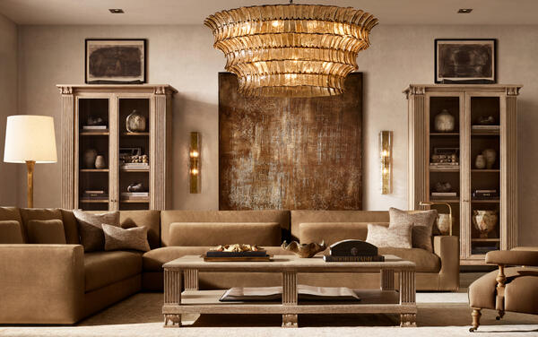 Lugano sofa in Burnt Caramel performance velvet, shown with the Mayfair coffee table