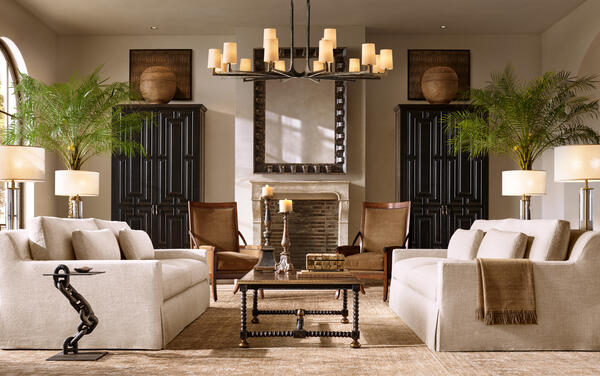 Belgian slipcovered sofa in performance washed linen, shown with the Baldacchino coffee table
