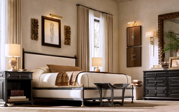 Baldacchino bed in turned steel, shown with the Barrosa dresser