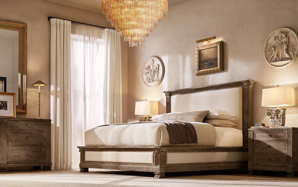 Mayfair bedroom collection in Tobacco, shown with organic cotton matelassé bedding