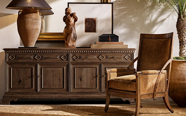 Oliviero sideboard in Tobacco, shown with the Directoire chair