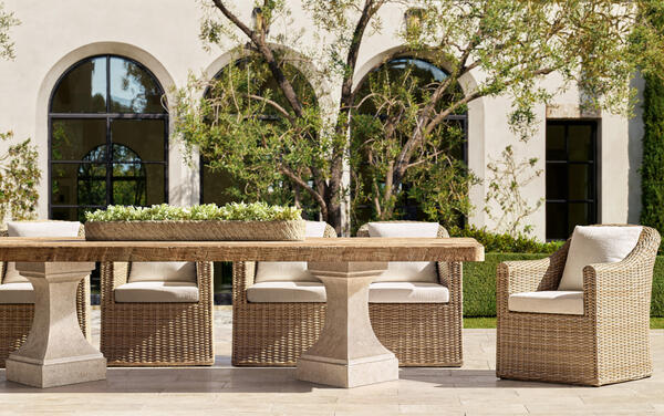 Diamond dining table in cast stone with reclaimed teak, shown with Jennifer outdoor dining chairs