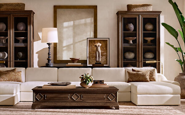 Jennifer low-back sofa in Natural performance washed linen, shown with the Olivero coffee table