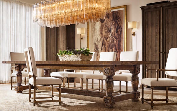 Monastery dining table in European white oak, shown with 19th C. Parisian Empire dining chairs