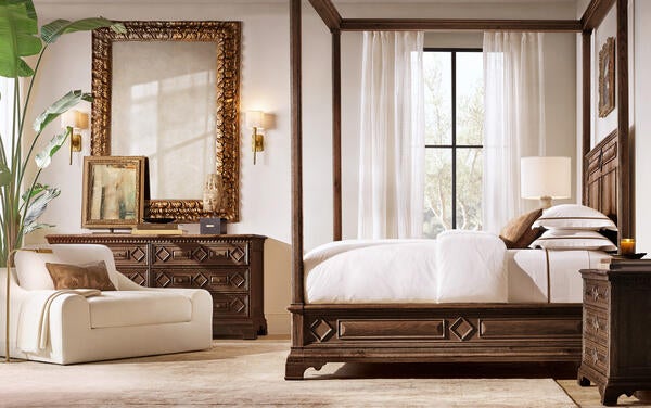 Oliviero canopy bedroom collection in Tobacco, shown with Italian pleated percale bedding