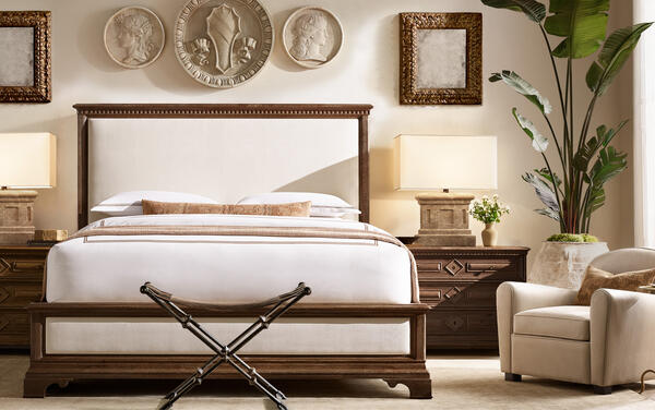 Oliviero bedroom collection in Tobacco, shown with the Prato stool