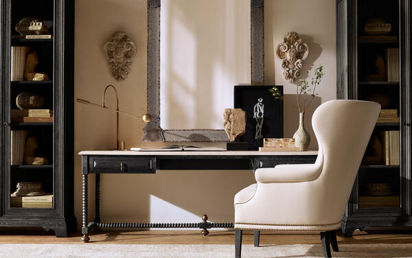 Baldacchino writing desk in Emperador marble and turned steel, shown with the Ashford chair