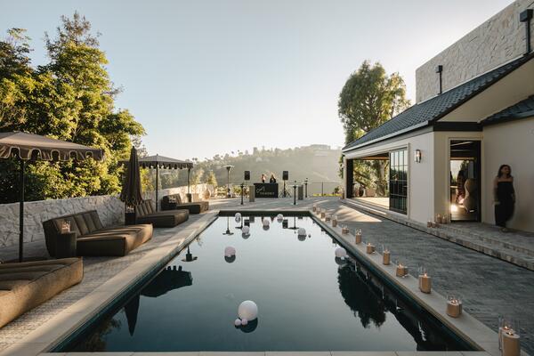 A poolside view of the Santa Monica Mountains