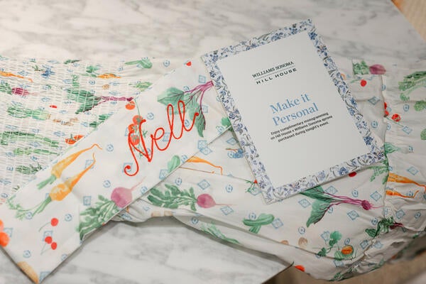 Personalized embroidery by Joy Nuanez on the Hill House x Williams Sonoma Farmer’s Market apron