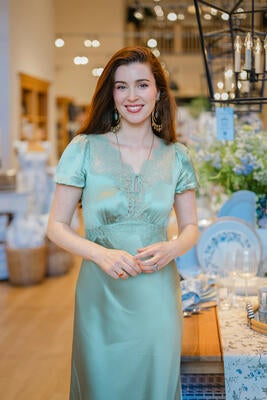 Hill House Home founder Nell Diamond alongside her new collection with Williams Sonoma and Williams Sonoma Home